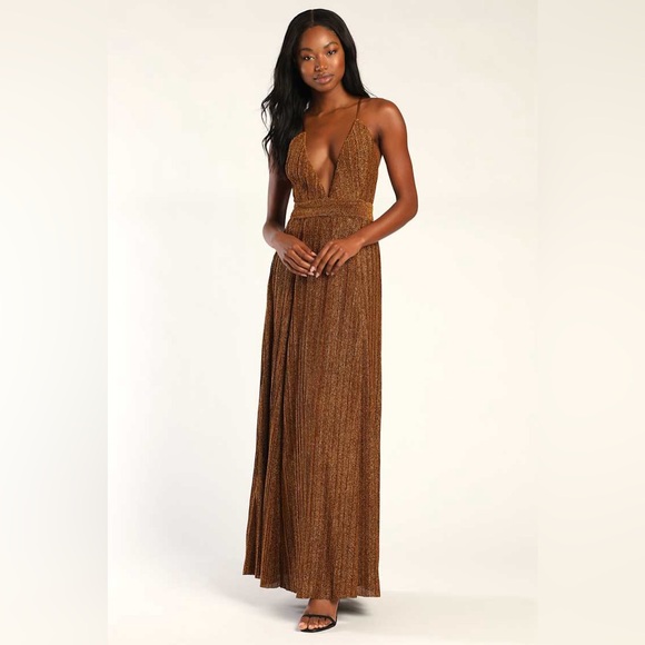 Lulus Dresses & Skirts - Lulu's Copper Metallic Plunge Maxi Dress